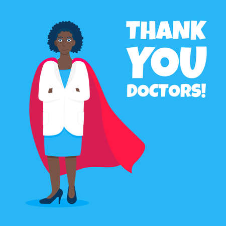 Young adult doctor hospital medical employee with hero cape behind fights against diseases and viruses on frontline flat style vector illustration. Doctor physician medical clinic staff new hero.のイラスト素材