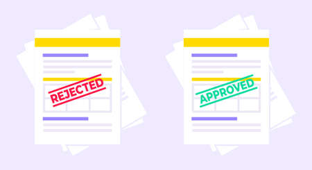 Rejected and approved claim or credit loan form, paper sheets and stamps flat style design vector illustration. Verify or deny document, cv resume, insurance application form set.のイラスト素材