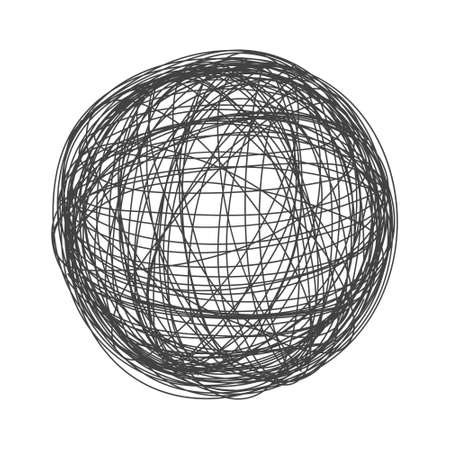 Tangle chaos abstract hand drawn messy scribble sphere ball vector illustration. Random chaotic dynamic scrawl lines. Wild emotion irregular pattern isolated on white background.のイラスト素材