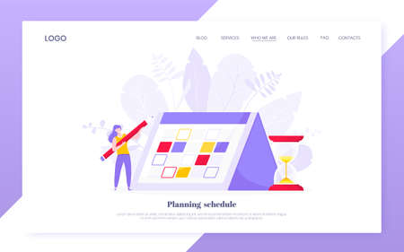 Calendar planning schedule business concept vector illustration. Tiny person with pencil, big hourglass do working plan on day calendar and checks dates. Time management or deadline business template.のイラスト素材