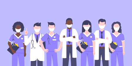 Doctor team medical staff with face masks clinic employee vector illustration isolated on blue background. Hospital or medical clinic staff doctor, surgeon, nurse standing up with equipment.のイラスト素材