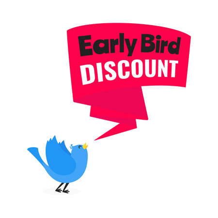 Early bird special offer discount sale event banner flat style design vector illustration. Tiny bird and big ribbon banner with text isolated on white background.のイラスト素材