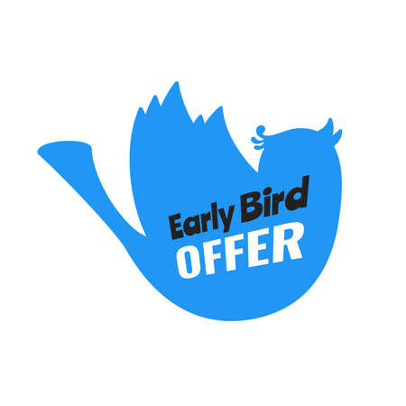 Early bird special offer discount sale event banner flat style design vector illustration. Tiny bird and big ribbon banner with text isolated on white background.のイラスト素材