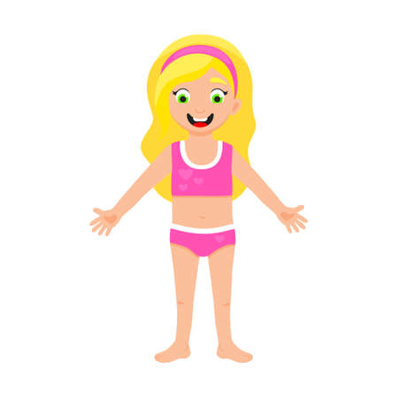 My body poster. Cute kid girl shows his body parts medical anatomy chart placard or poster flat style cartoon vector illustration isolated on white background.のイラスト素材