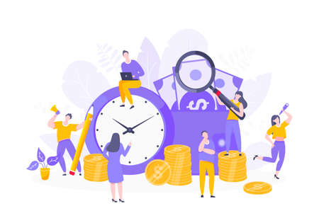 Time is money business concept of money saving. Time management, money installment with future growth. Teamwork concept flat style design vector illustration isolated on white background.のイラスト素材