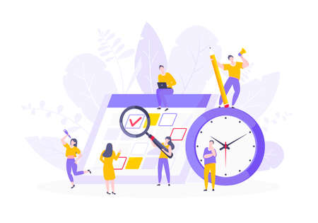 Calendar planning schedule business concept vector illustration. Tiny people with large pencil,...
