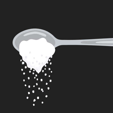 Pouring sugar spoon full of powder crystals of salt or sugar vector illustration. Teaspoon side view with cooking and baking ingredients need for drinks - coffee or tea. Clean organic eco food.のイラスト素材