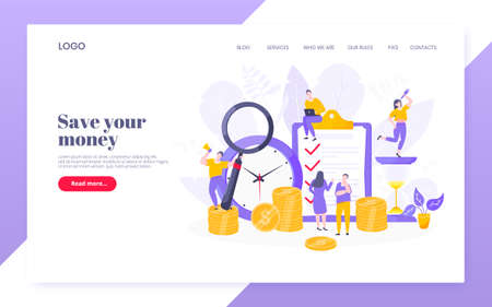 Time is money business concept of money saving. Time management, money installment with future growth. Teamwork concept flat style design vector illustration web page template.のイラスト素材