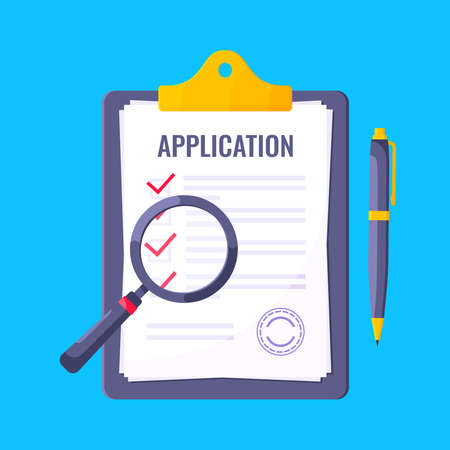 Application submit document form flat style design icon sign vector illustration isolated on white background. Complete application or survey document business concept with text contract stamp.のイラスト素材