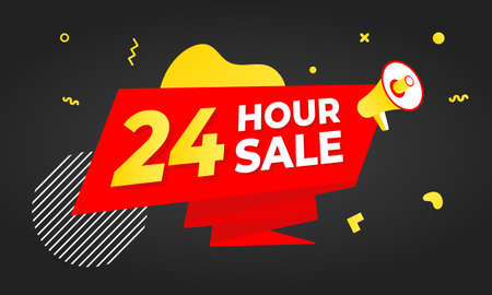 24 hour sale countdown ribbon badge icon sign with big red ribbon, megaphone and abstract elements...