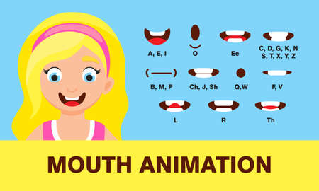 Girl mouth animation with different expressions in flat style vector illustration set. Lip sync sound pronounciation and phoneme mouth talk expression character chart.のイラスト素材