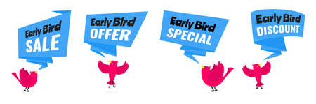 Early bird special offer discount sale event banner flat style design vector illustration set. Tiny bird and big ribbon banner with text isolated on white background.のイラスト素材