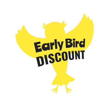 Early bird special offer discount sale event banner flat style design vector illustration. Tiny bird and big ribbon banner with text isolated on white background.のイラスト素材