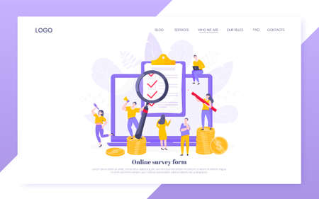 Online survey form or exam application on the monitor screen, claim form, clipboard and tiny people working together. Internet questionnaire, online education quiz vector illustration web template.のイラスト素材