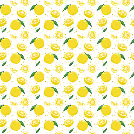 Yuzu japanese citron fruit seamless pattern vector illustration isolated on white background. Full citrus yuzu fresh fruit with green leaves .のイラスト素材