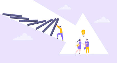 Domino effect or business resilience metaphor vector illustration. Adult young man pushing falling...