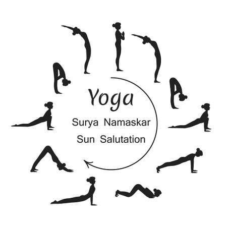 Surya namaskar A sun salutation yoga asanas sequence set vector illustration. Young woman do morning yoga stretch exercise poses for body health. Asana flat style design infographic complex.のイラスト素材