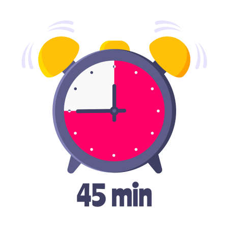 Forty five minutes on analog clock face flat style design vector illustration icon sign isolated on white background. Analogue wall clock 45 minutes time management business concept.のイラスト素材