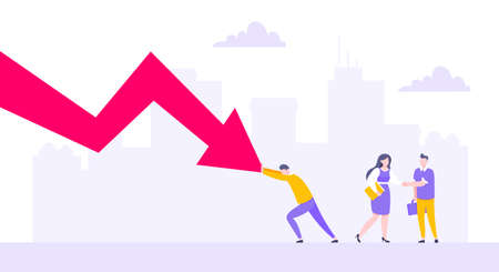 Recession loss and business bankruptcy concept. Young adult man pushed red crisis arrow downturn vector illustration. Economy crisis, investment global market risk and stock market crash metaphor.のイラスト素材
