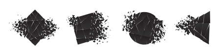 Shape shattered and explodes flat style design vector illustration set isolated on white background. Square rhombus, circle, triangle, square shapes in grayscale gradient exploding.のイラスト素材