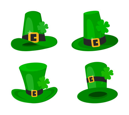 Saint Patrick Day leprechaun green hat set with shamrock clover four leaf lucky icon flat style design vector illustration isolated on white background.のイラスト素材