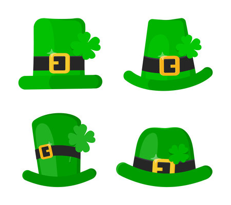 Saint Patrick Day leprechaun green hat set with shamrock clover four leaf lucky icon flat style design vector illustration isolated on white background.のイラスト素材
