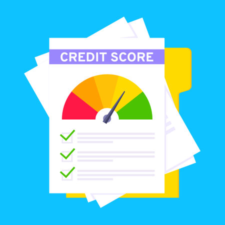 Credit score gauge speedometer indicator with color levels on paper sheets and file. Measurement from poor to excellent rating for credit or mortgage loans flat style design vector illustration.のイラスト素材