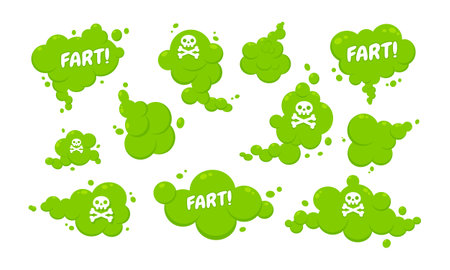 Smelling green cartoon fart cloud flat style design vector illustration with text fart set. Bad stink or toxic aroma cartoon smoke cloud isolated on white background.のイラスト素材