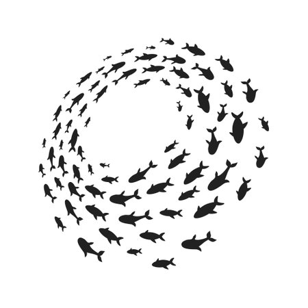 Silhouettes school of fish with marine life of various sizes swimming fish in the circle flat style design vector illustration. Colony of big and small sea animals.のイラスト素材