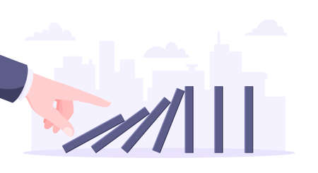 Domino effect business concept. Hand starts chain reaction of falling board game blocks of dominoes flat style vector illustration. Business bankruptcy or crisis, risk and finding solution metaphor.のイラスト素材