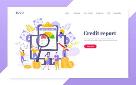 Credit score report with arrow gauge speedometer indicator with color levels on giant clipboard. Measurement from poor to excellent rating with people working together landing page.のイラスト素材