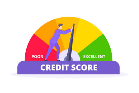 Man pushes credit score arrow gauge speedometer indicator with color levels. Measurement from poor to excellent rating for credit or mortgage loans concept flat style design vector illustration.のイラスト素材