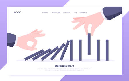 Domino effect and business resilience concept. One hand starts chain reaction of falling board game...