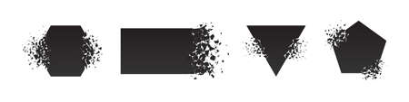 Shape shattered and explodes flat style design vector illustration set isolated on white background. Pentagon, triangle, rectangle, hexagon shapes in grayscale gradient explosion.のイラスト素材