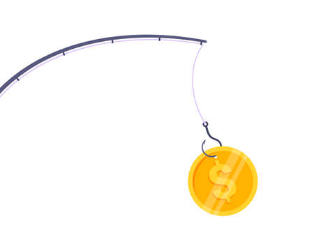 Money bait and money trap business concept. Fishing rod with hook and dollar coin flat style design...
