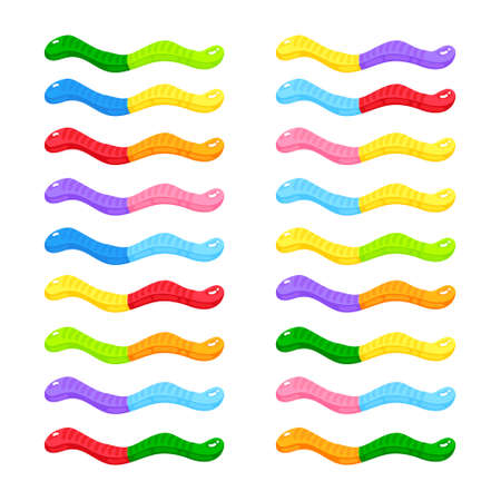 Jelly worm sweet candy with amazing flavor flat style design vector illustration set.のイラスト素材