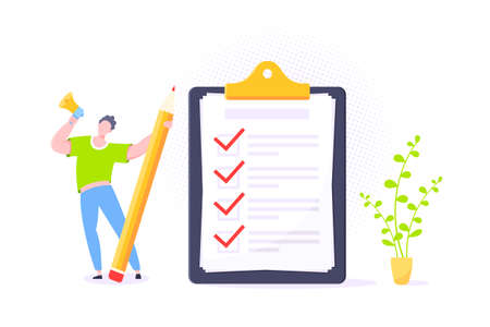 Checklist complete business concept tiny person with megaphone, pencil nearby giant clipboard.のイラスト素材