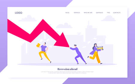 Cost reduction and business bankruptcy concept. Young adult people pushed red crisis arrow downturn vector illustration.のイラスト素材