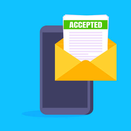 College or university acceptance letter on smartphone screen, open envelope document email. Job employment offer, college acceptance denial or business email form flat style design vector illustrationのイラスト素材