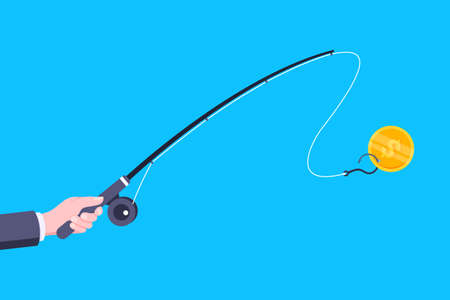 Money bait and money trap business concept. Hand holds fishing rod with hook and banknote dollar flat style design vector illustration isolated on white background. Business risks greed trap metaphor.のイラスト素材