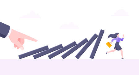 Domino effect or business cowardice metaphor vector illustration concept. Adult young businesswoman...