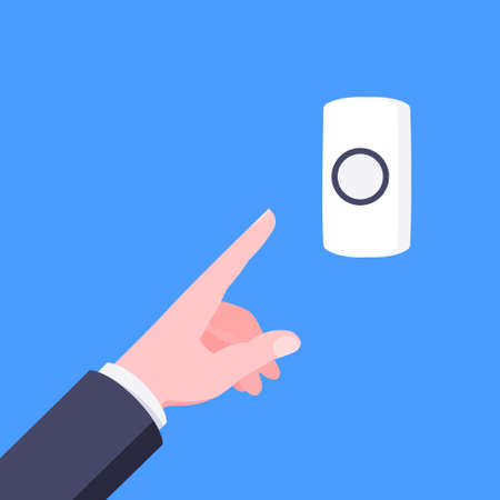 Male hand pushes doorbell button flat style design vector illustration isolated on blue background. Finger touches door bell switch button to ring.のイラスト素材