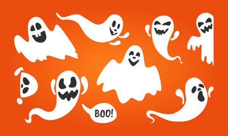 Cute ghost characters flat style design vector illustration set isolated on orange background. Halloween boo spooky symbol flying above the ground.のイラスト素材