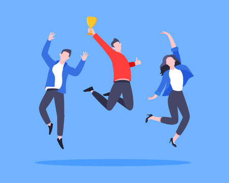 Employee recognition or proud worker of the month business concept flat style design vector illustration. Young adult man jumps in the air with trophy cup in the hand and many thumbs up around him.のイラスト素材
