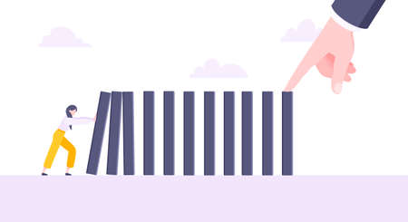 Business resilience or domino effect metaphor vector illustration concept. Adult young businesswoman pushing falling domino line business concept of problem solving and hand stopping chain reaction.のイラスト素材