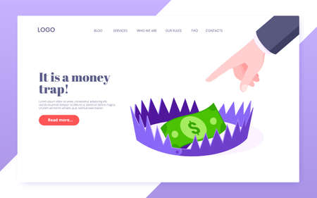 Money trap business concept flat style design vector illustration isolated on white background. Human hand trying to touch money banknote. Bear trap with sharp spikes and money in it business metaphorのイラスト素材