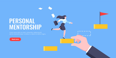 Business mentor helps to improve career and holding stairs steps vector illustration. Mentorship, upskills and self development strategy flat style design business concept.のイラスト素材