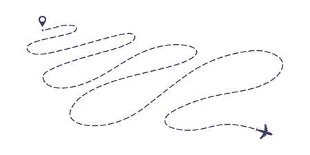 Airplane dashed line path flat style design vector illustration isolated on white background. The...