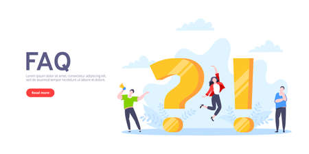 Q and A or FAQ concept with tiny people characters, big question and exclamation mark, frequently asked questions template. Answers business support concept flat style design vector illustration.のイラスト素材