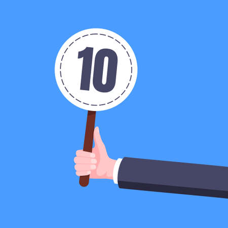 Hand hold round score card banner plate with number 10 business concept flat style design vector illustration. Votes jury judges of tournament or contest.のイラスト素材